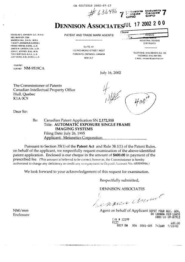 Canadian Patent Document 2172510. Prosecution-Amendment 20020717. Image 1 of 1
