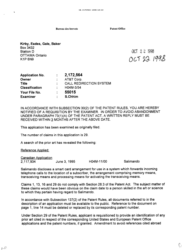 Canadian Patent Document 2172564. Examiner Requisition 19981022. Image 1 of 2