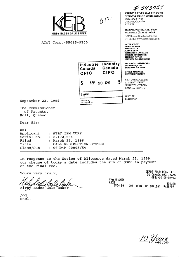 Document de brevet canadien 2172564. Correspondance 19990923. Image 1 de 1