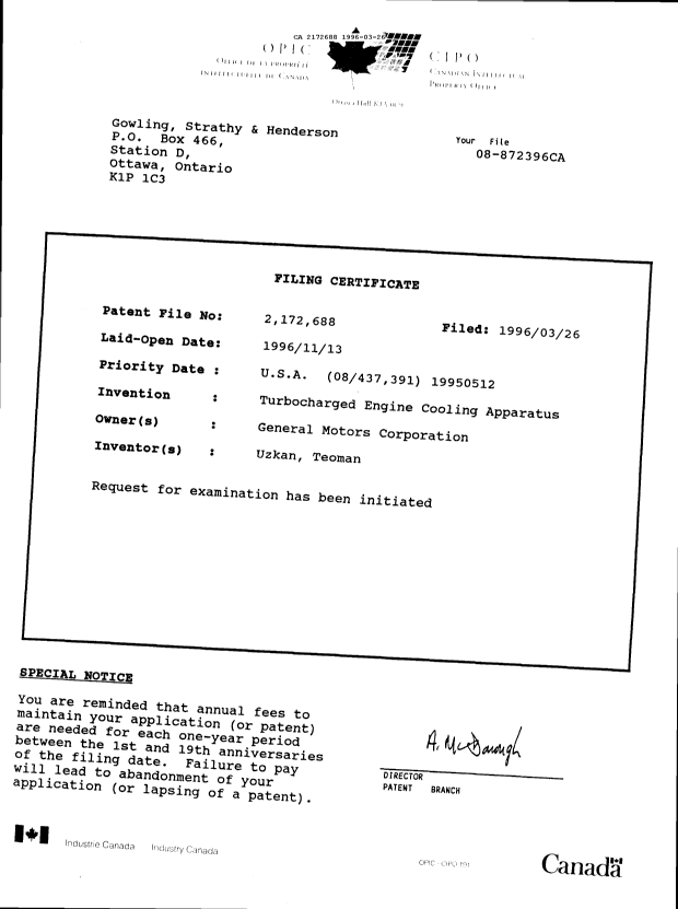 Canadian Patent Document 2172688. Prosecution Correspondence 19960326. Image 2 of 3