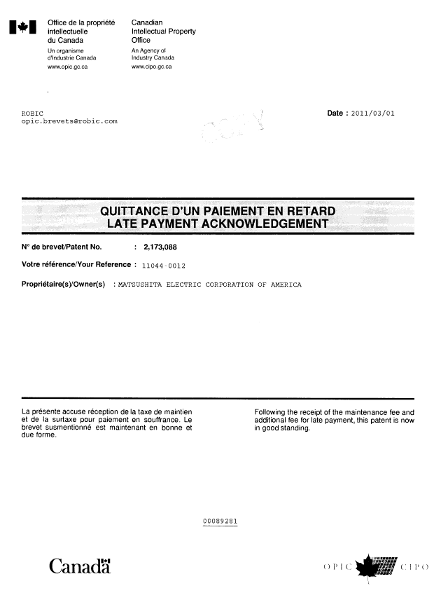 Document de brevet canadien 2173088. Correspondance 20110301. Image 1 de 1