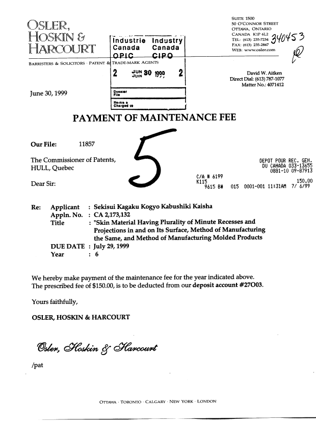 Document de brevet canadien 2173132. Taxes 19990630. Image 1 de 1