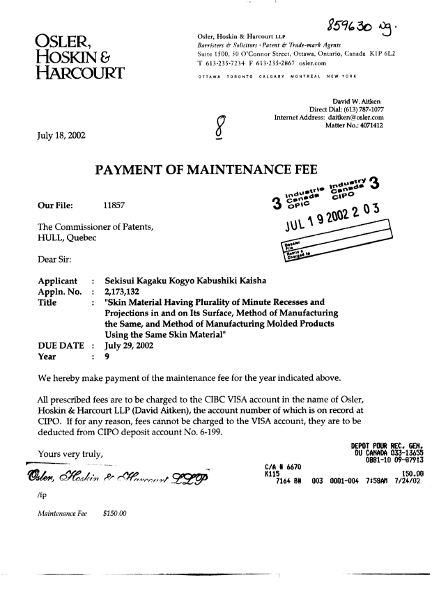Document de brevet canadien 2173132. Taxes 20020719. Image 1 de 1