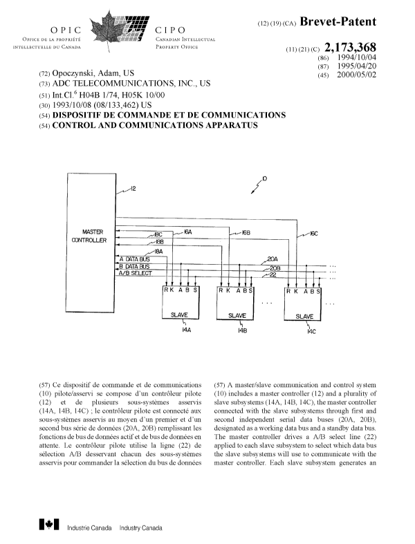 Document de brevet canadien 2173368. Page couverture 20000405. Image 1 de 2