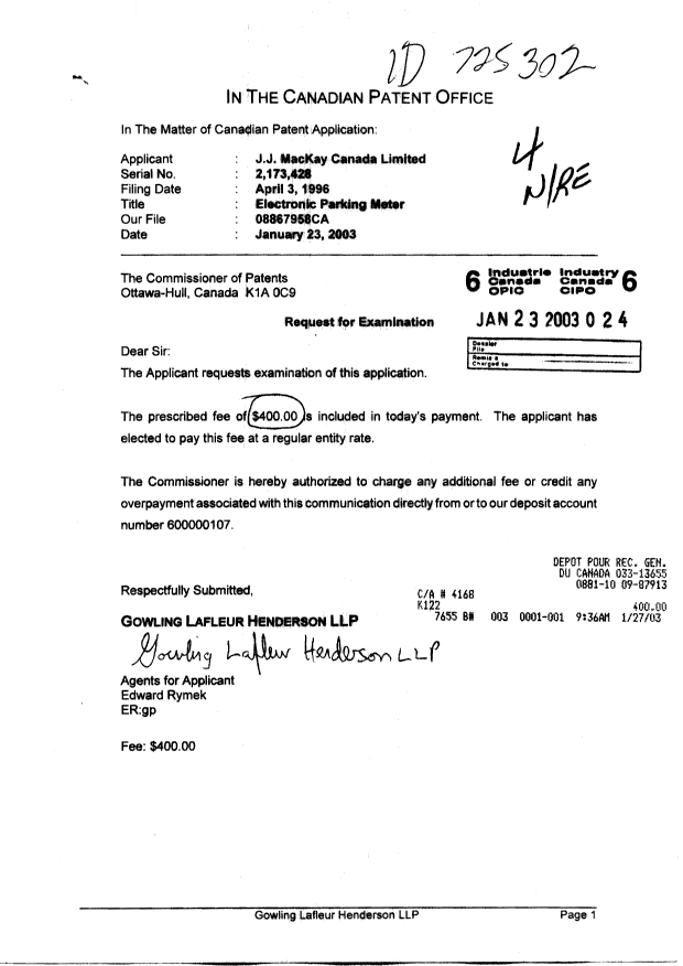 Canadian Patent Document 2173428. Prosecution-Amendment 20030123. Image 1 of 1