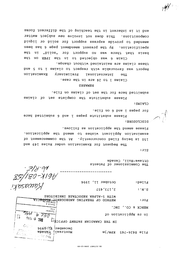 Canadian Patent Document 2173457. Prosecution-Amendment 19951209. Image 1 of 2
