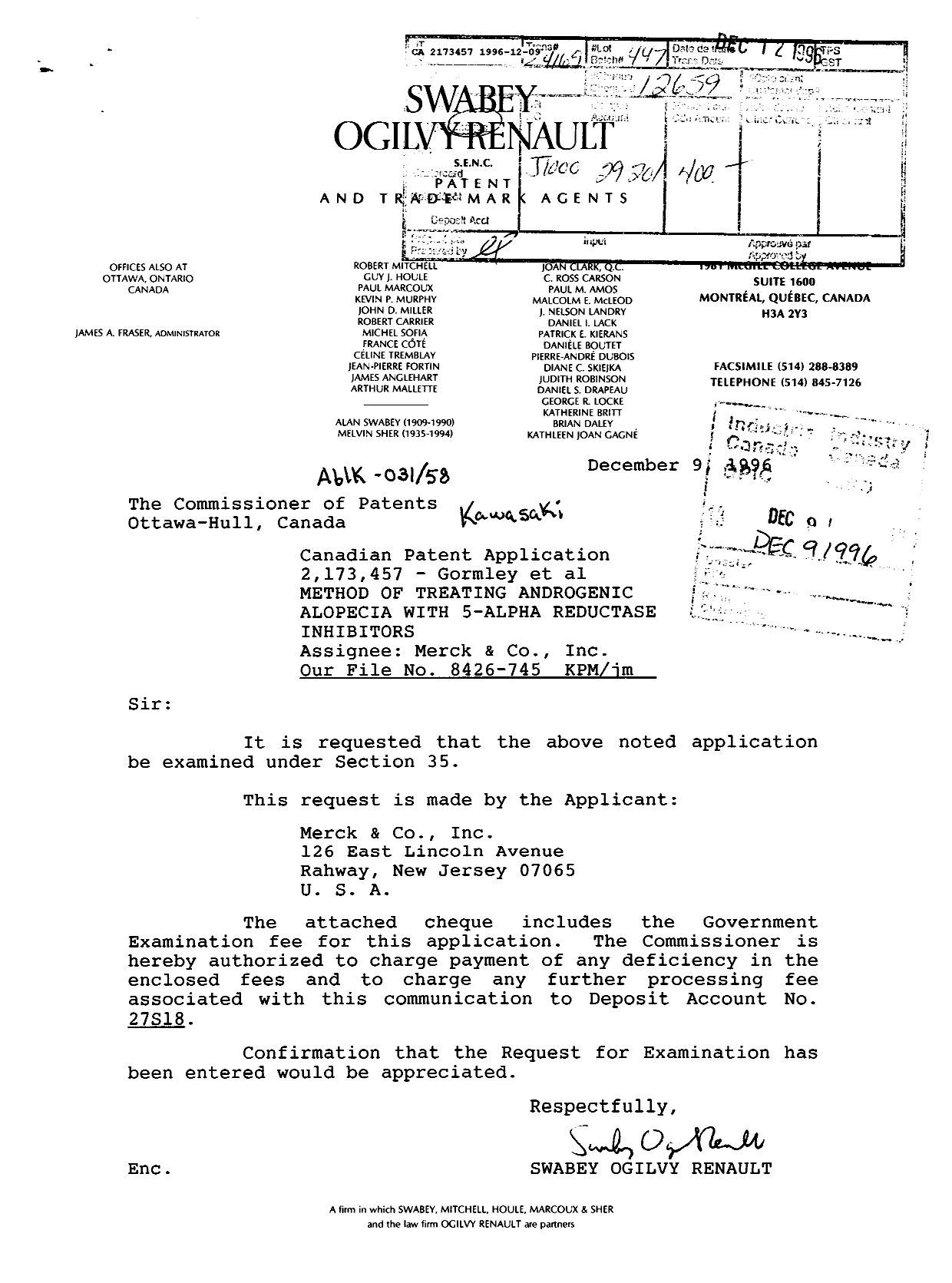 Canadian Patent Document 2173457. Prosecution-Amendment 19951209. Image 1 of 1