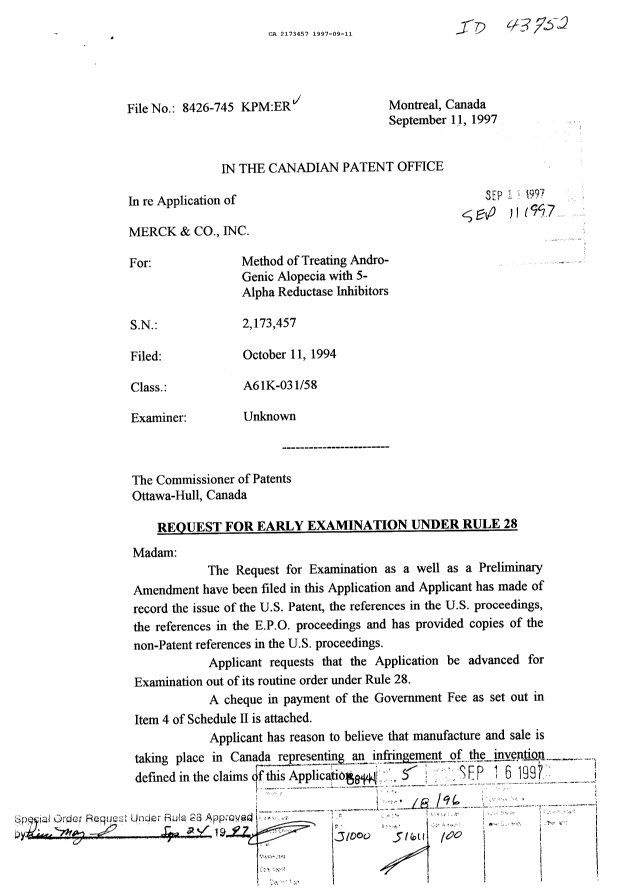 Canadian Patent Document 2173457. Prosecution-Amendment 19961211. Image 1 of 2