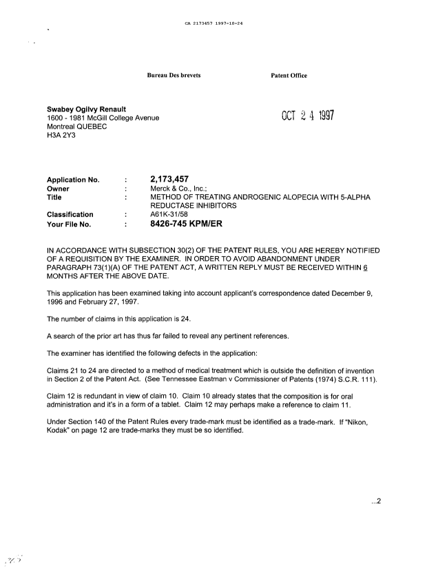 Canadian Patent Document 2173457. Prosecution-Amendment 19961224. Image 1 of 2