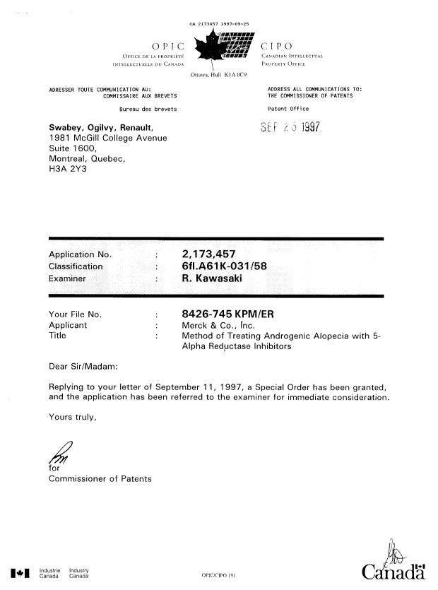 Canadian Patent Document 2173457. Correspondence 19961225. Image 1 of 1