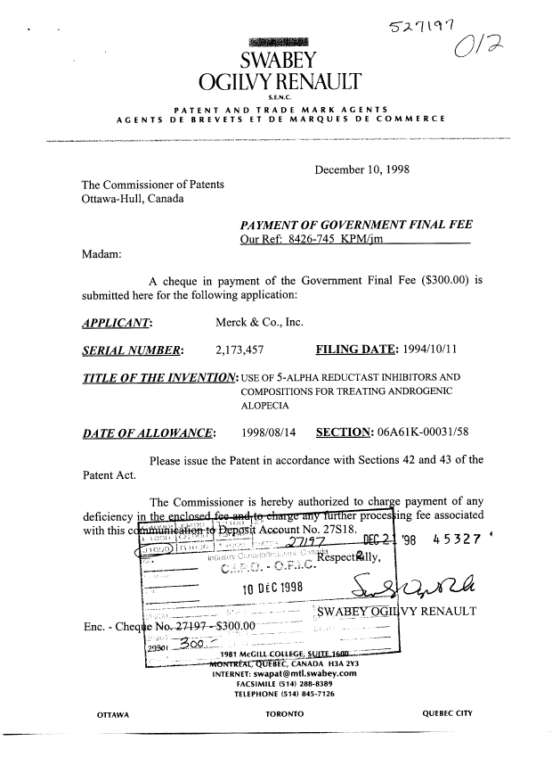Canadian Patent Document 2173457. Correspondence 19971210. Image 1 of 1