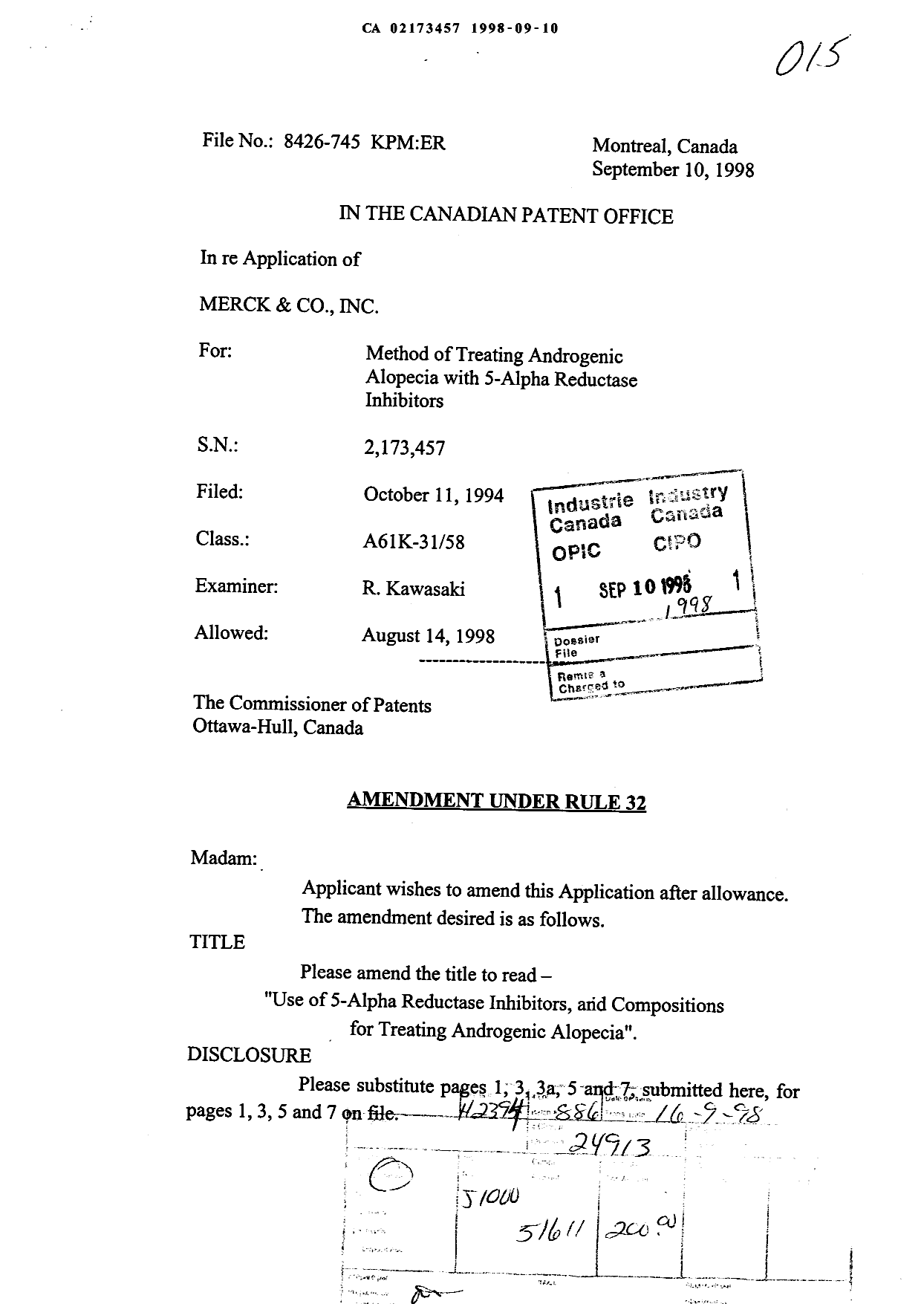 Canadian Patent Document 2173457. Prosecution-Amendment 19971210. Image 1 of 7