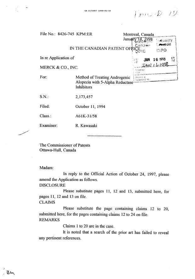 Canadian Patent Document 2173457. Prosecution Correspondence 19980116. Image 1 of 2