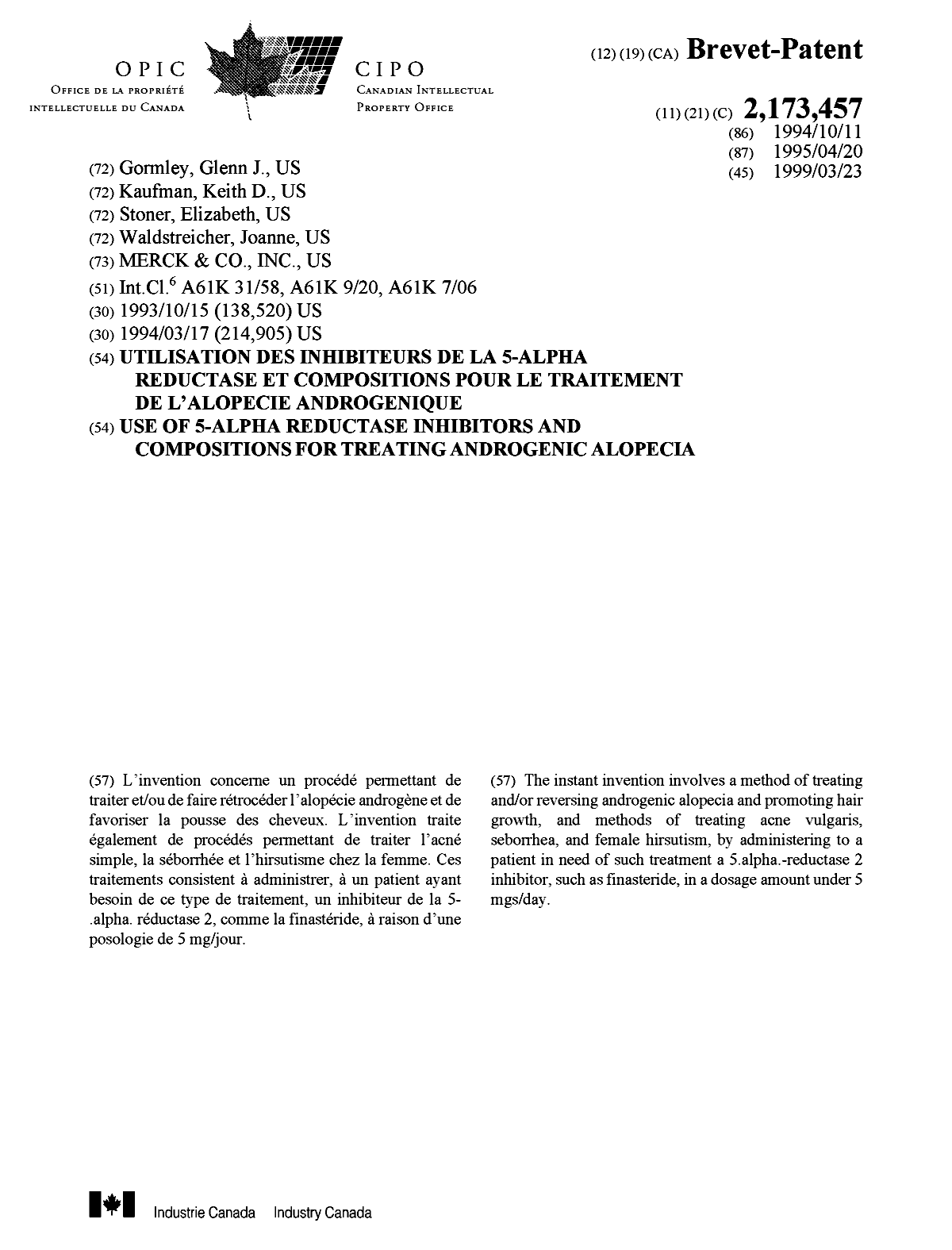 Canadian Patent Document 2173457. Cover Page 19981216. Image 1 of 1