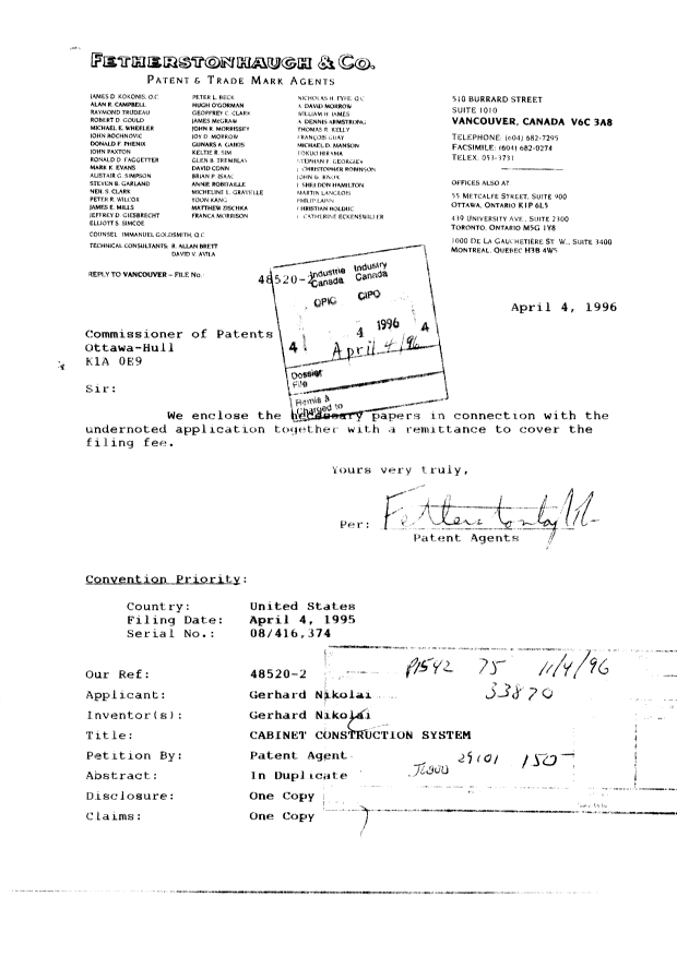 Canadian Patent Document 2173568. Assignment 19960404. Image 1 of 5