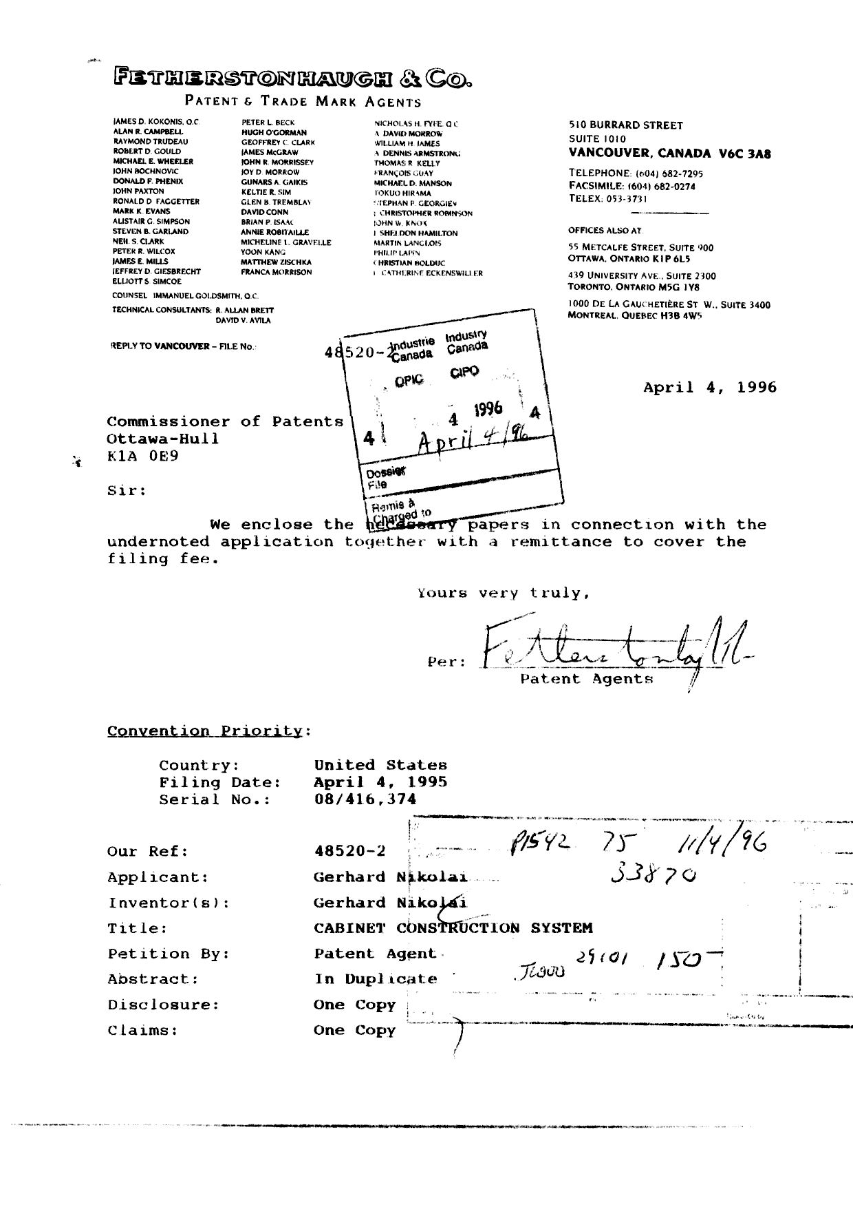 Canadian Patent Document 2173568. Assignment 19960404. Image 1 of 5
