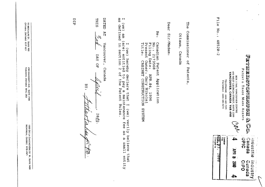Canadian Patent Document 2173568. Correspondence 20000403. Image 1 of 1