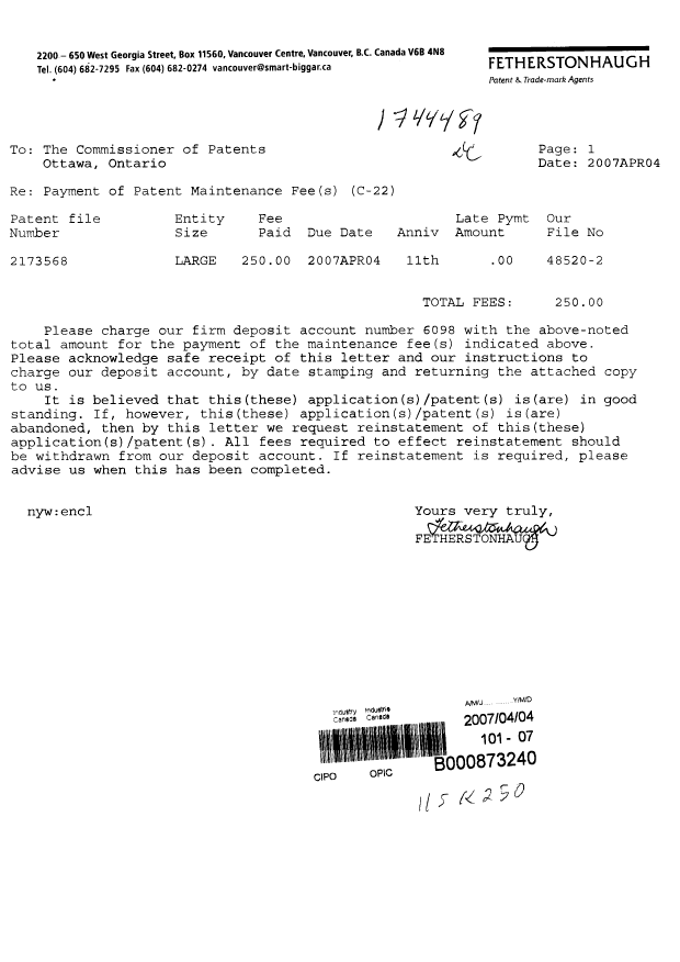 Document de brevet canadien 2173568. Taxes 20070404. Image 1 de 1