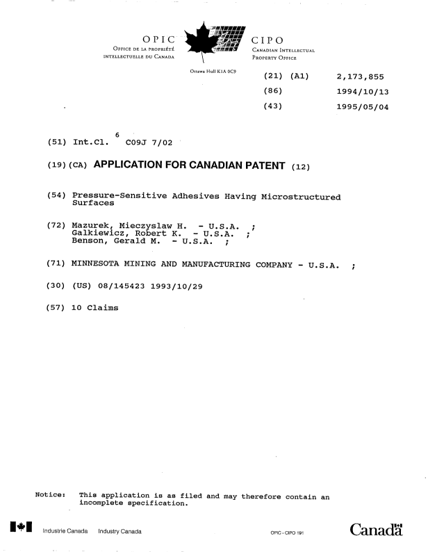 Canadian Patent Document 2173855. Cover Page 19960717. Image 1 of 1