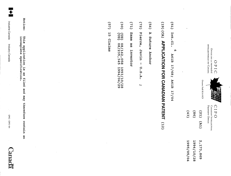 Document de brevet canadien 2173869. Page couverture 19960717. Image 1 de 1