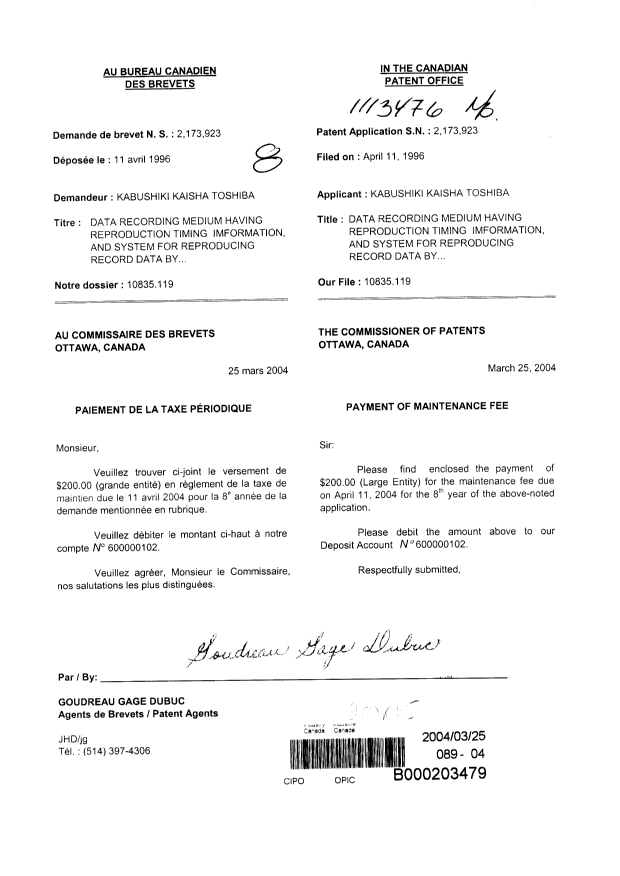 Canadian Patent Document 2173923. Fees 20040325. Image 1 of 1