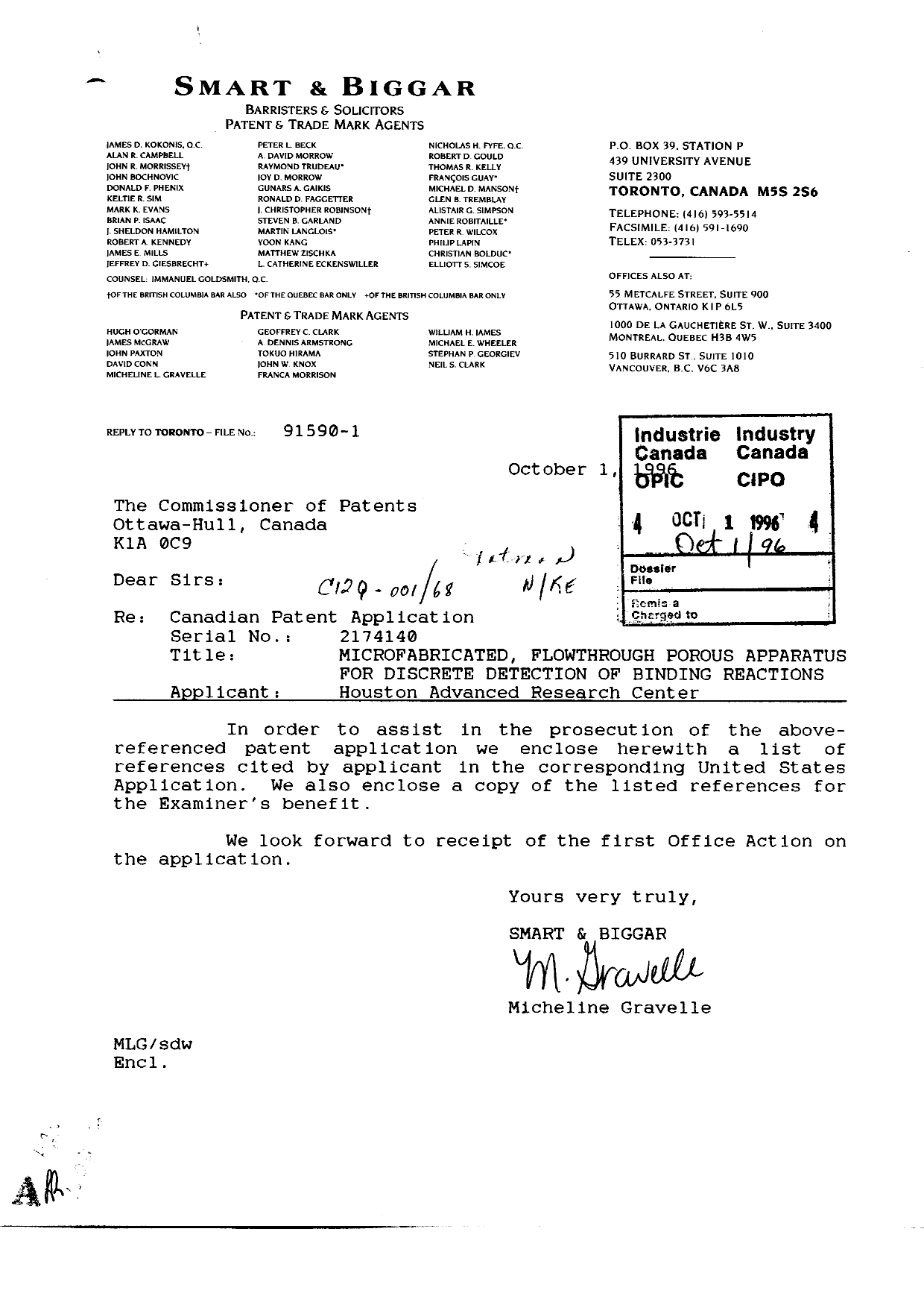 Canadian Patent Document 2174140. Prosecution-Amendment 19961001. Image 1 of 3