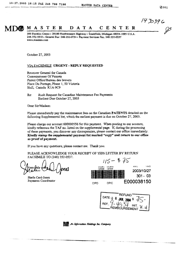 Canadian Patent Document 2174140. Fees 20031027. Image 1 of 2