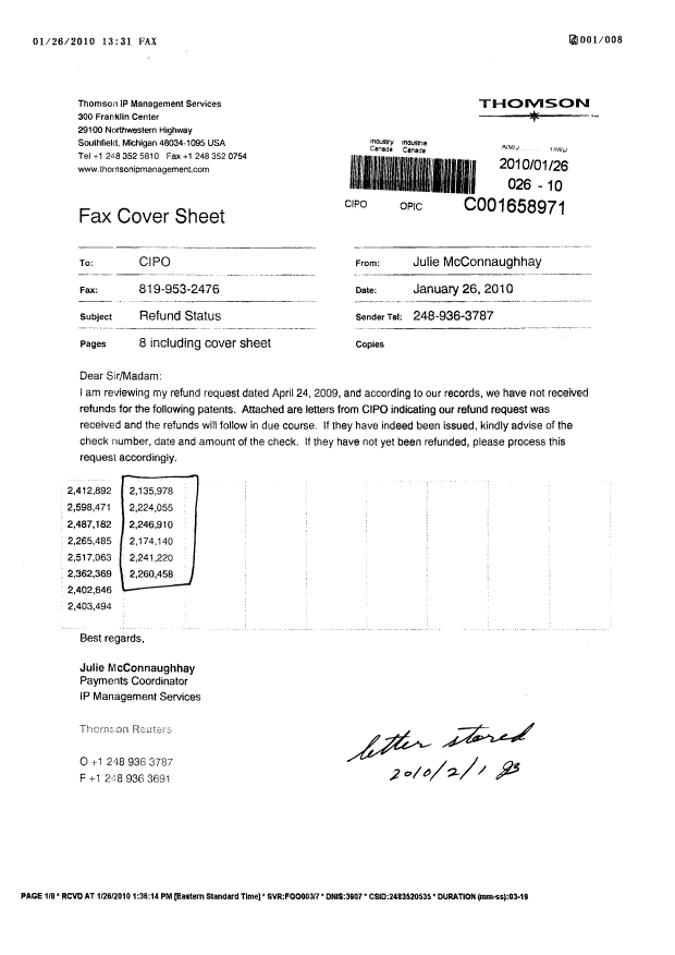 Document de brevet canadien 2174140. Correspondance 20100126. Image 1 de 2