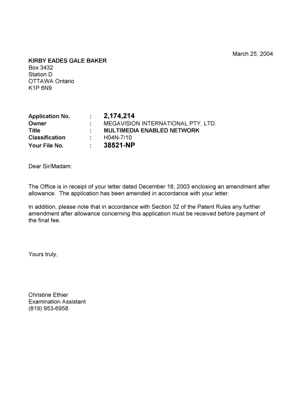 Document de brevet canadien 2174214. Correspondance 20040325. Image 1 de 1
