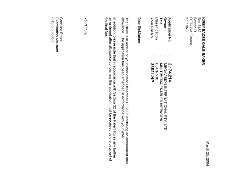 Canadian Patent Document 2174214. Correspondence 20040325. Image 1 of 1