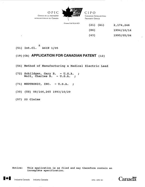 Canadian Patent Document 2174246. Cover Page 19960718. Image 1 of 1