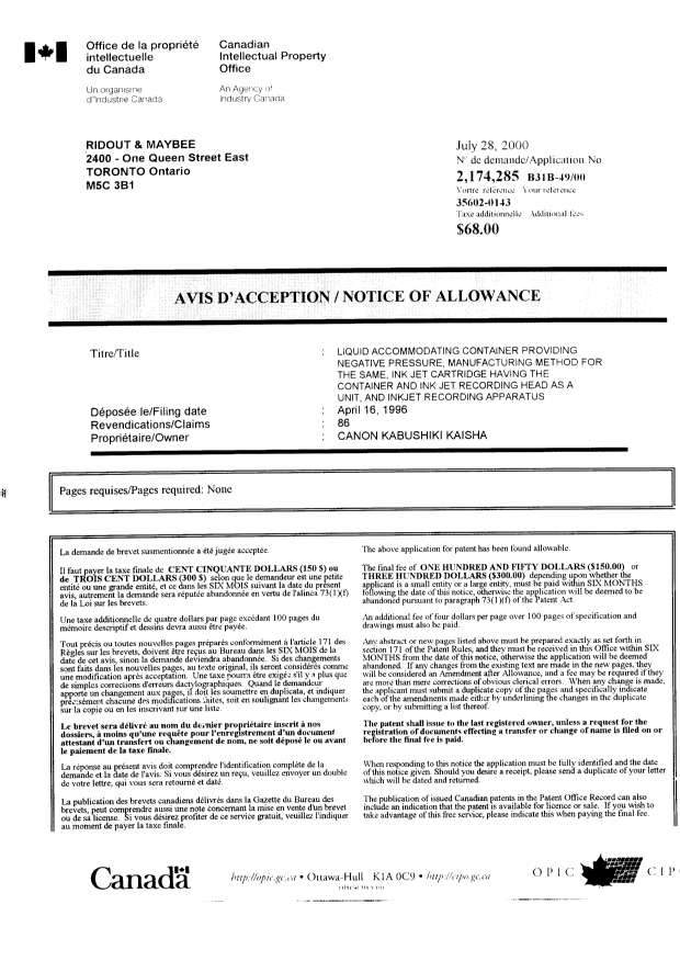 Canadian Patent Document 2174285. Correspondence 20000728. Image 1 of 1