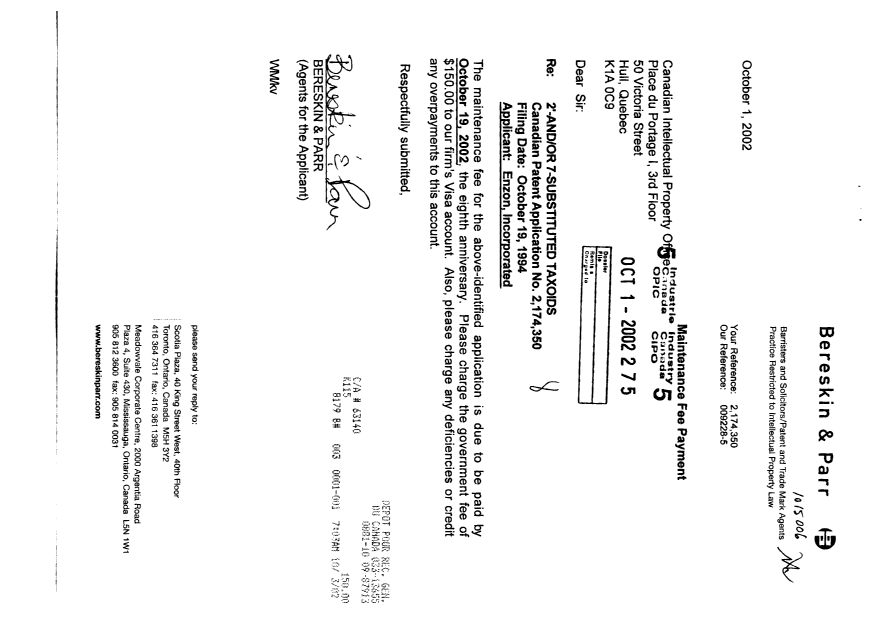 Canadian Patent Document 2174350. Fees 20021001. Image 1 of 1