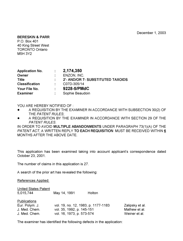 Canadian Patent Document 2174350. Prosecution-Amendment 20031201. Image 1 of 4