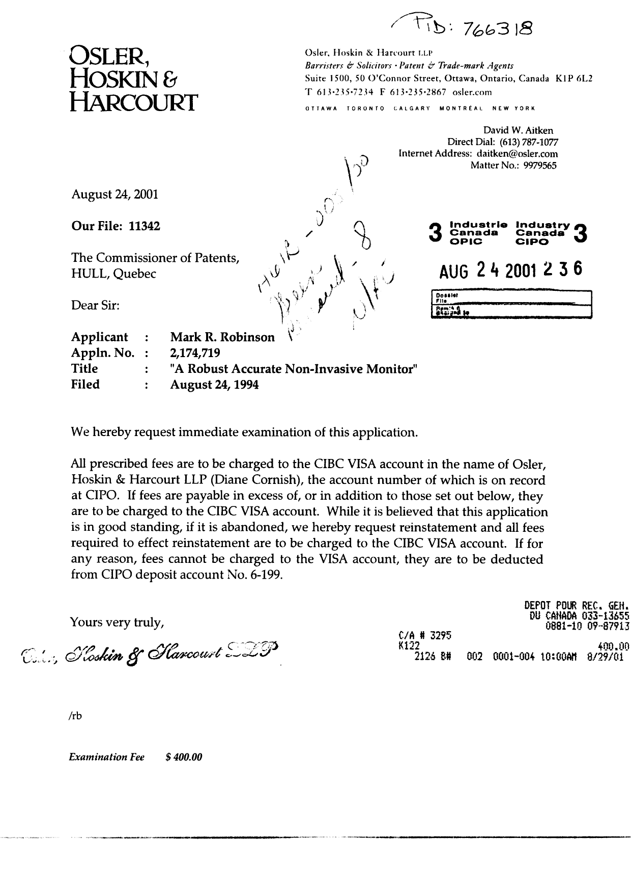 Canadian Patent Document 2174719. Prosecution-Amendment 20010824. Image 1 of 1