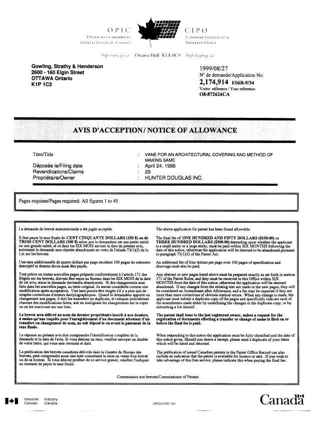 Canadian Patent Document 2174914. Correspondence 19981227. Image 1 of 1