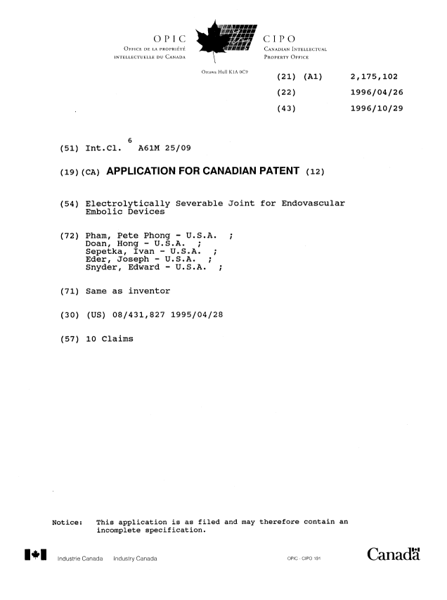 Canadian Patent Document 2175102. Cover Page 19960805. Image 1 of 1