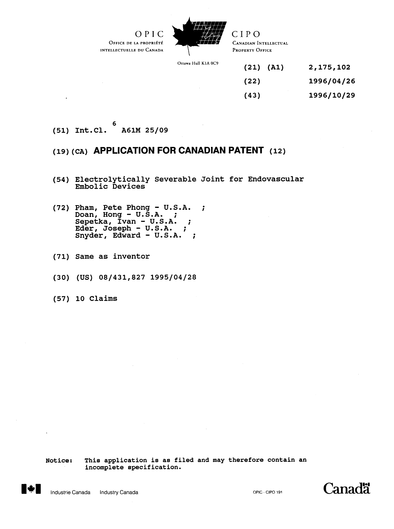 Canadian Patent Document 2175102. Cover Page 19960805. Image 1 of 1