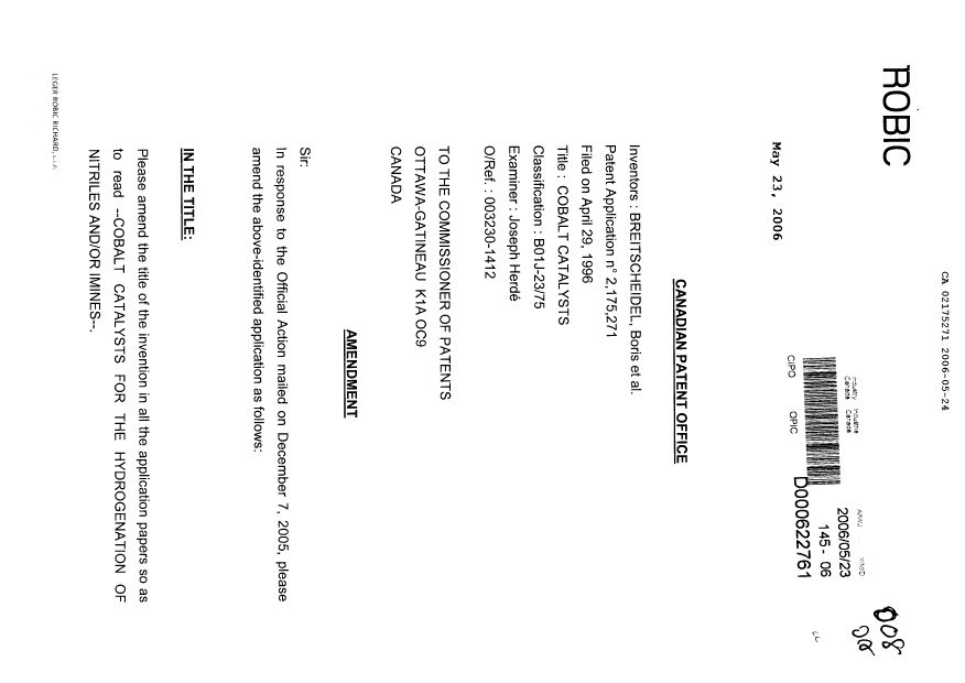 Canadian Patent Document 2175271. Prosecution-Amendment 20060523. Image 1 of 9