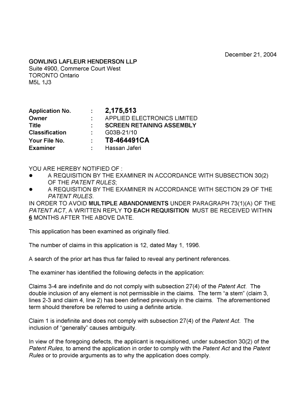 Canadian Patent Document 2175513. Prosecution-Amendment 20041221. Image 1 of 2