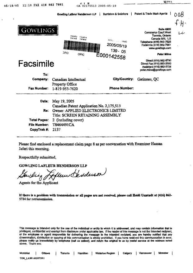 Canadian Patent Document 2175513. Prosecution-Amendment 20050519. Image 1 of 2