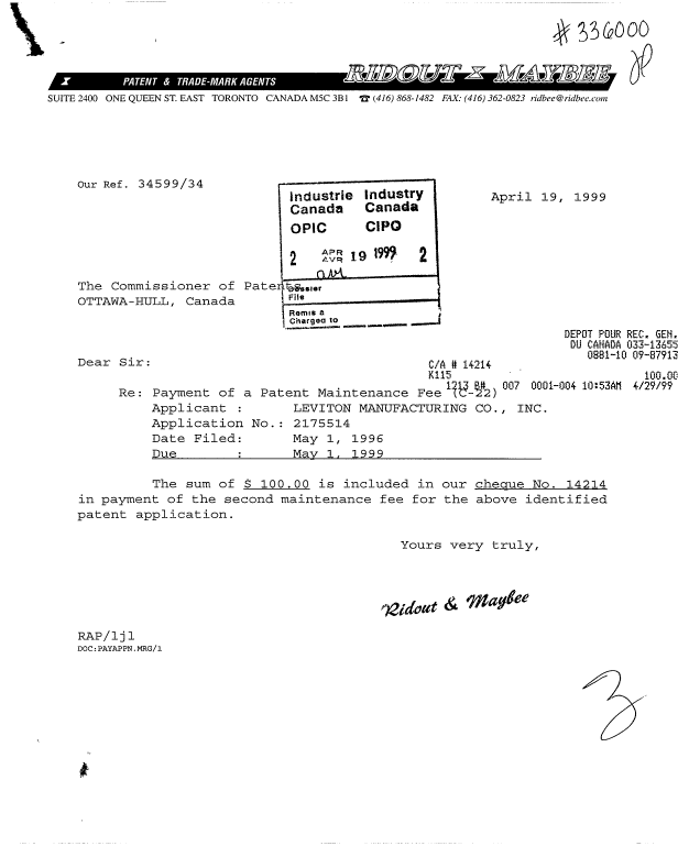 Document de brevet canadien 2175514. Taxes 19990419. Image 1 de 1