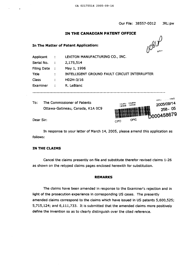 Canadian Patent Document 2175514. Prosecution-Amendment 20050914. Image 1 of 12
