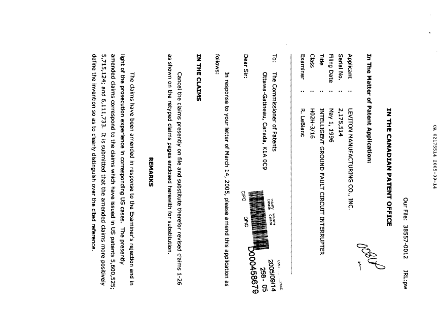 Canadian Patent Document 2175514. Prosecution-Amendment 20050914. Image 1 of 12