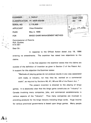 Canadian Patent Document 2175605. Prosecution Correspondence 19960729. Image 1 of 3
