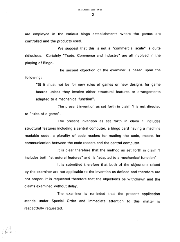 Canadian Patent Document 2175605. Prosecution Correspondence 19960729. Image 2 of 3