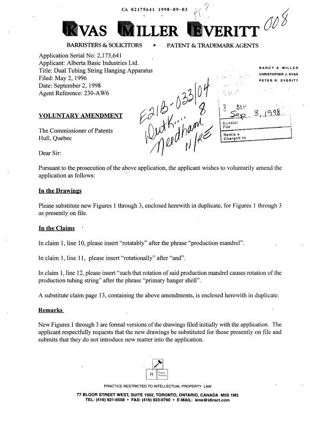 Canadian Patent Document 2175641. Prosecution-Amendment 19980903. Image 1 of 6