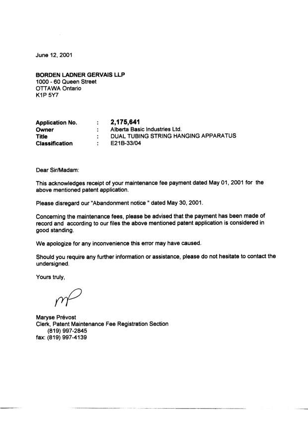 Document de brevet canadien 2175641. Correspondance 20010612. Image 1 de 3