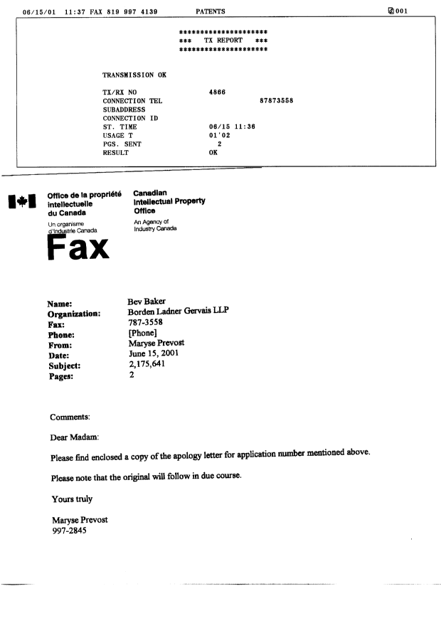 Canadian Patent Document 2175641. Correspondence 20010612. Image 3 of 3