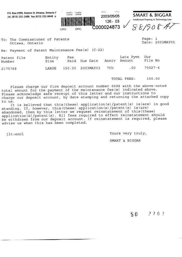 Document de brevet canadien 2175768. Taxes 20030505. Image 1 de 1